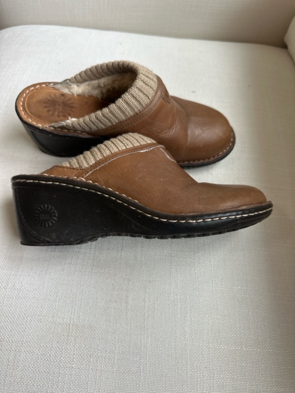 UGG Chestnut Leather Clog Mules with Knit Collar